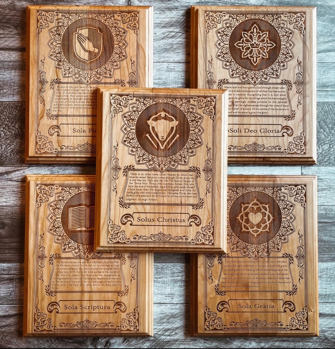 Engravedwood - Five Sola Seal Set - Engraved Wood Art - The Reformed Sage - #reformed# - #reformed_gifts# - #christian_gifts#