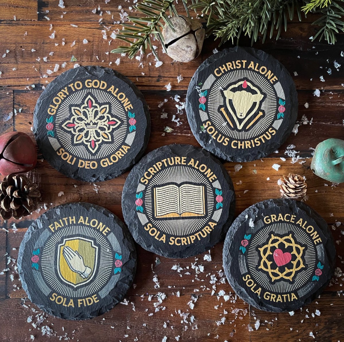 Slate Coaster - Five Sola Seal Set - UVSlate Coaster - The Reformed Sage - #reformed# - #reformed_gifts# - #christian_gifts#