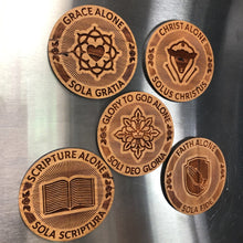 Load image into Gallery viewer, Magnet - Five Sola Seal Magnet Set - Wood Magnet - The Reformed Sage - #reformed# - #reformed_gifts# - #christian_gifts#
