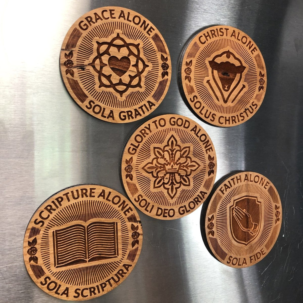 Magnet - Five Sola Seal Magnet Set - Wood Magnet - The Reformed Sage - #reformed# - #reformed_gifts# - #christian_gifts#