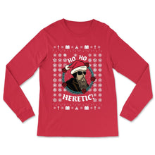 Load image into Gallery viewer, Reformed Ugly Christmas Shirts - Ho Ho Heretic | John Calvin - Ugly Christmas Long-sleeve Shirt - The Reformed Sage - #reformed# - #reformed_gifts# - #christian_gifts#
