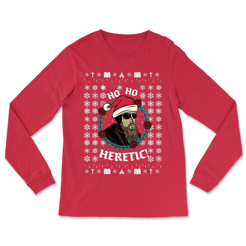 Reformed Ugly Christmas Shirts - Ho Ho Heretic | John Calvin - Ugly Christmas Long-sleeve Shirt - The Reformed Sage - #reformed# - #reformed_gifts# - #christian_gifts#