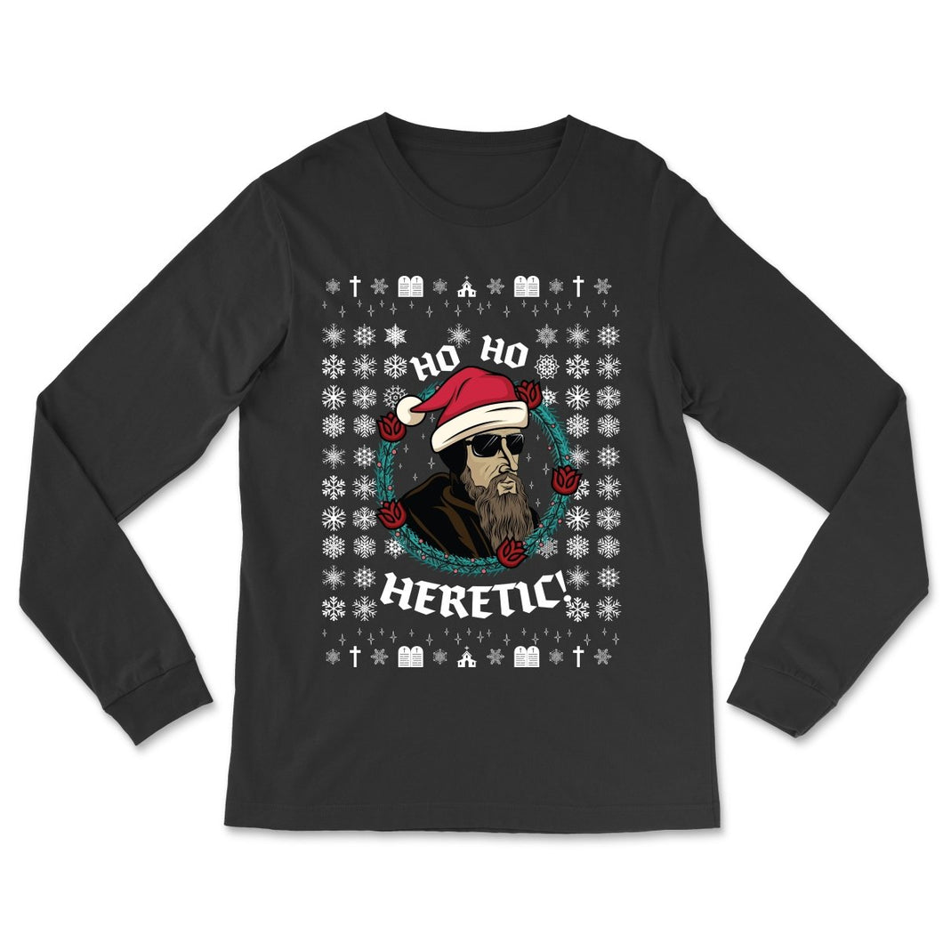 Reformed Ugly Christmas Shirts - Ho Ho Heretic | John Calvin - Ugly Christmas Long-sleeve Shirt - The Reformed Sage - #reformed# - #reformed_gifts# - #christian_gifts#