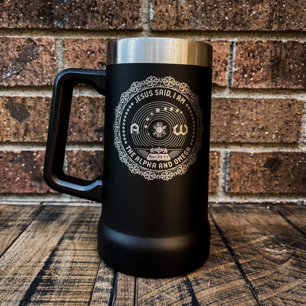 24oz Stein - I AM: The Alpha and The Omega - 24oz Stein - The Reformed Sage - #reformed# - #reformed_gifts# - #christian_gifts#