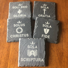 Load image into Gallery viewer, Slate Coaster - The Five Solas - Slate Coaster - The Reformed Sage - #reformed# - #reformed_gifts# - #christian_gifts#
