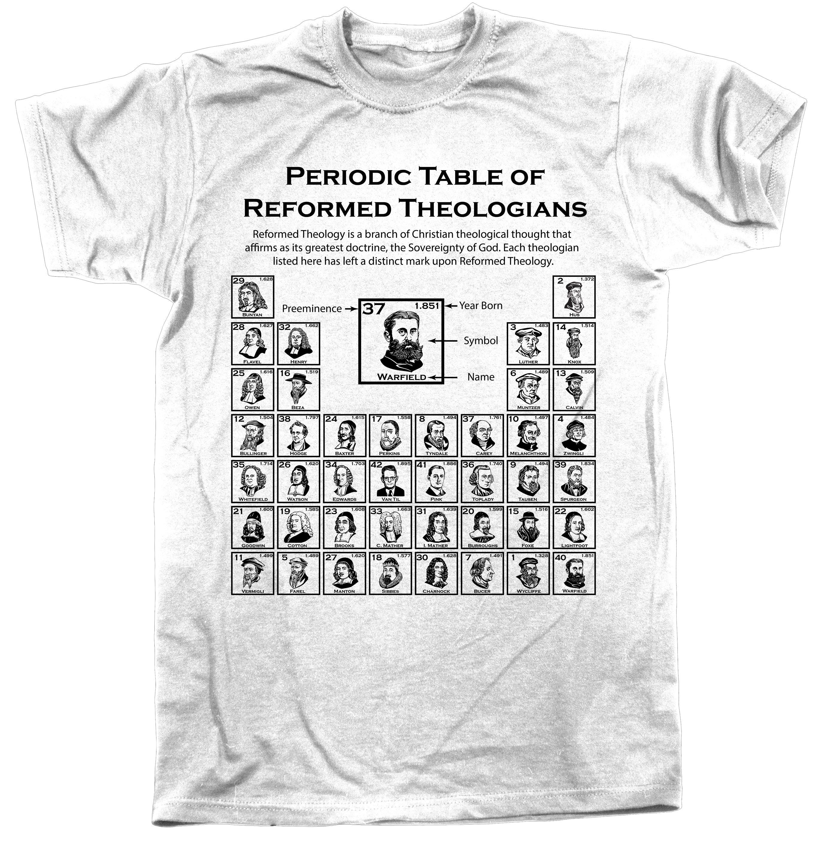 Shirt - Periodic Table of Reformed Theologians - Tee RETIRED - The Reformed Sage - #reformed# - #reformed_gifts# - #christian_gifts#
